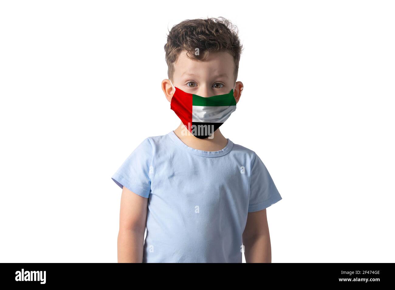 Respirator with flag of United Arab Emirates. White boy puts on medical