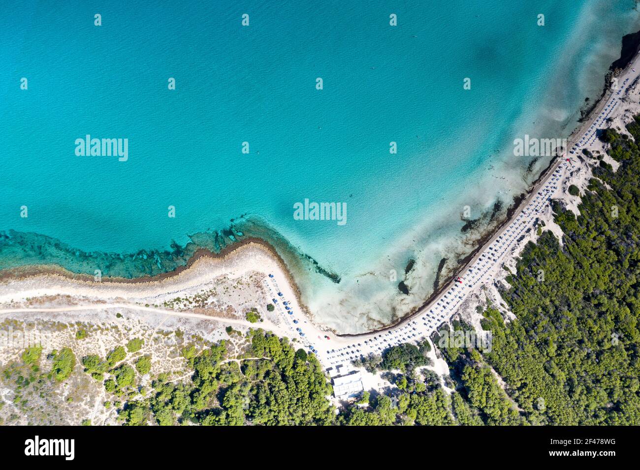 Aerial view of white sand beach and crystal sea in summer, Punta Della Suina, Gallipoli, Lecce, Salento, Apulia, Italy Stock Photo