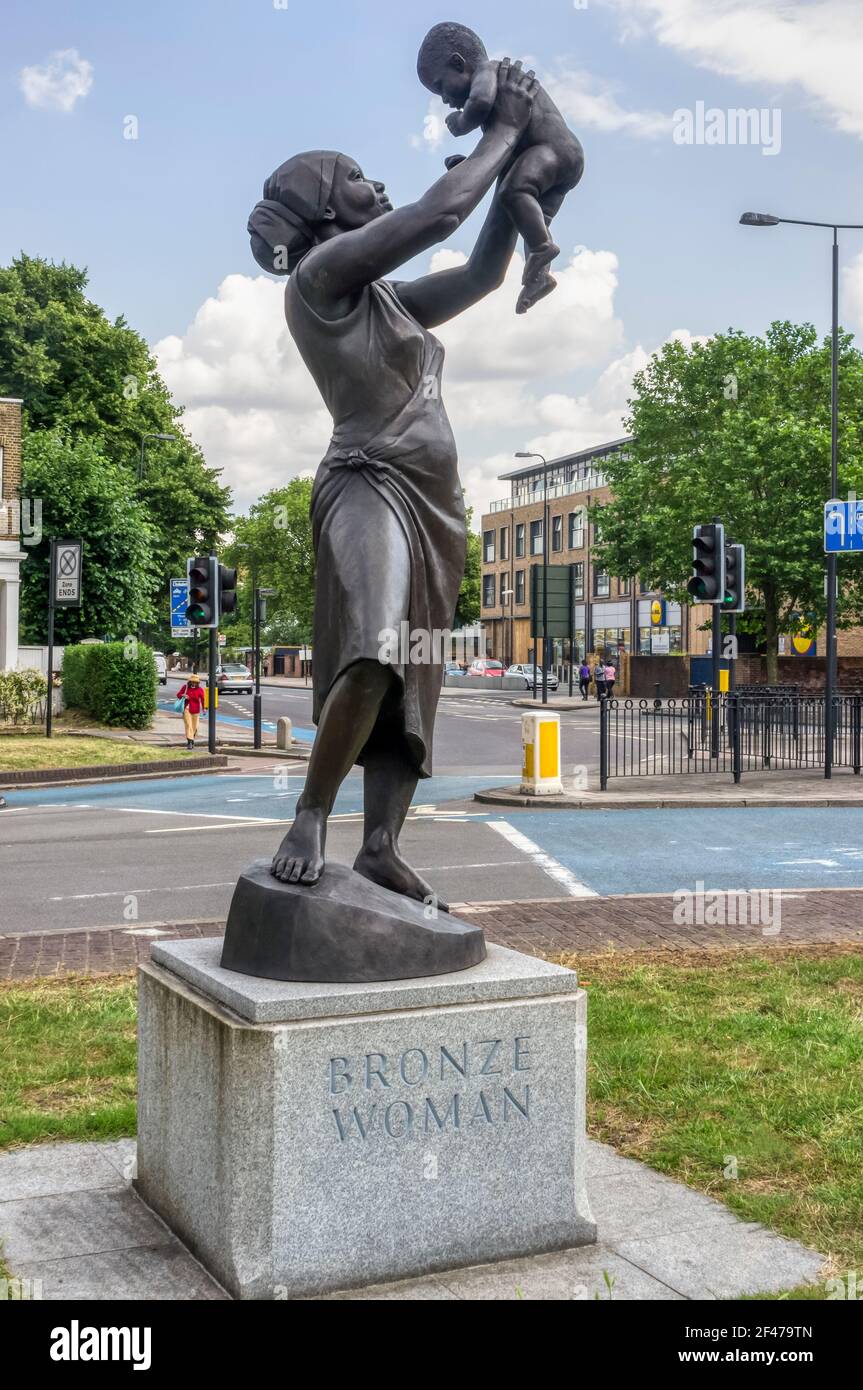 The Bronze Woman statue at Stockwell is the first permanent statue of a black woman on display in England.  Erected 2008. Stock Photo