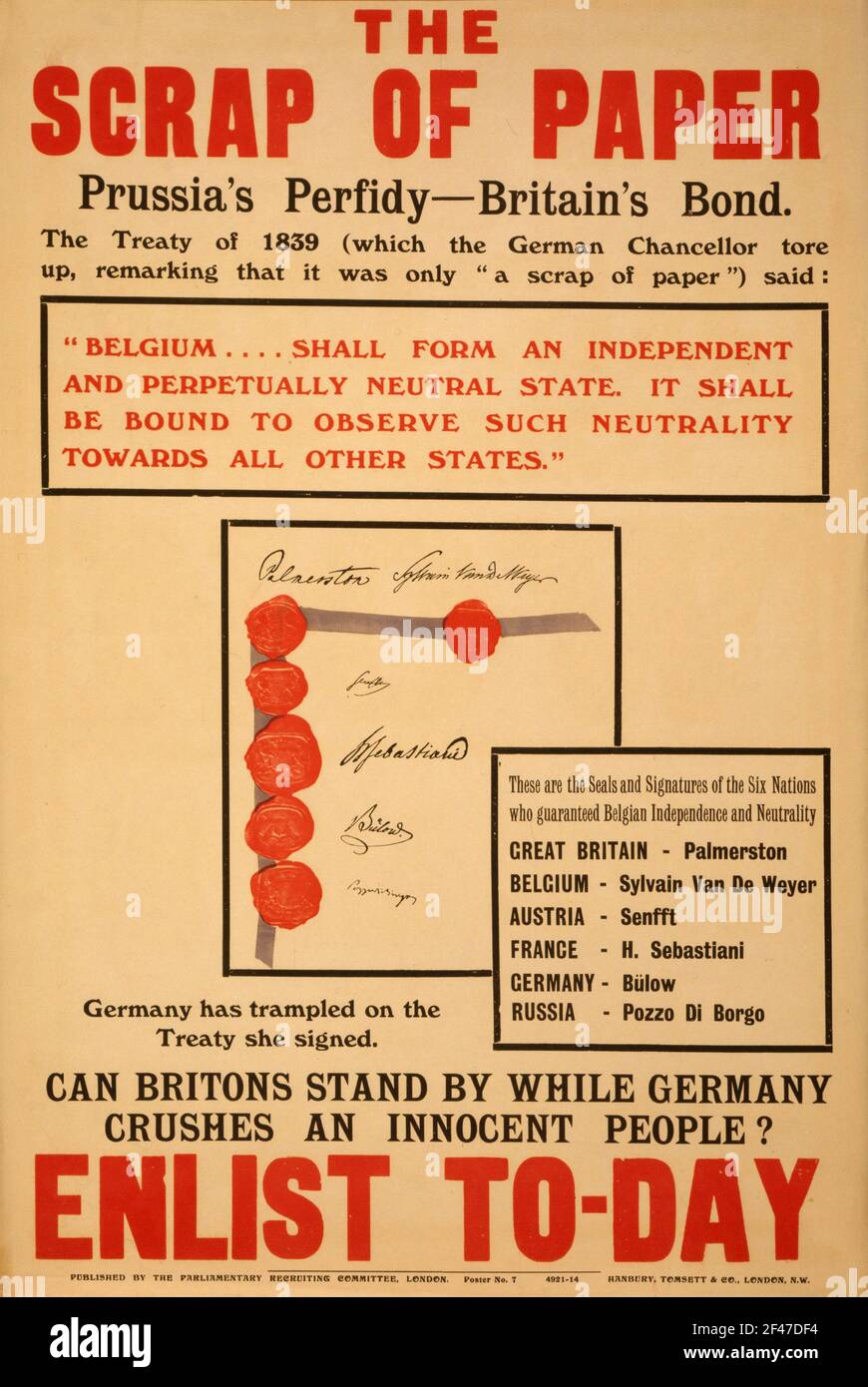A first world war recruitment poster showing the signatures of the Treaty of 1839 saying The Scrap of Paper Stock Photo