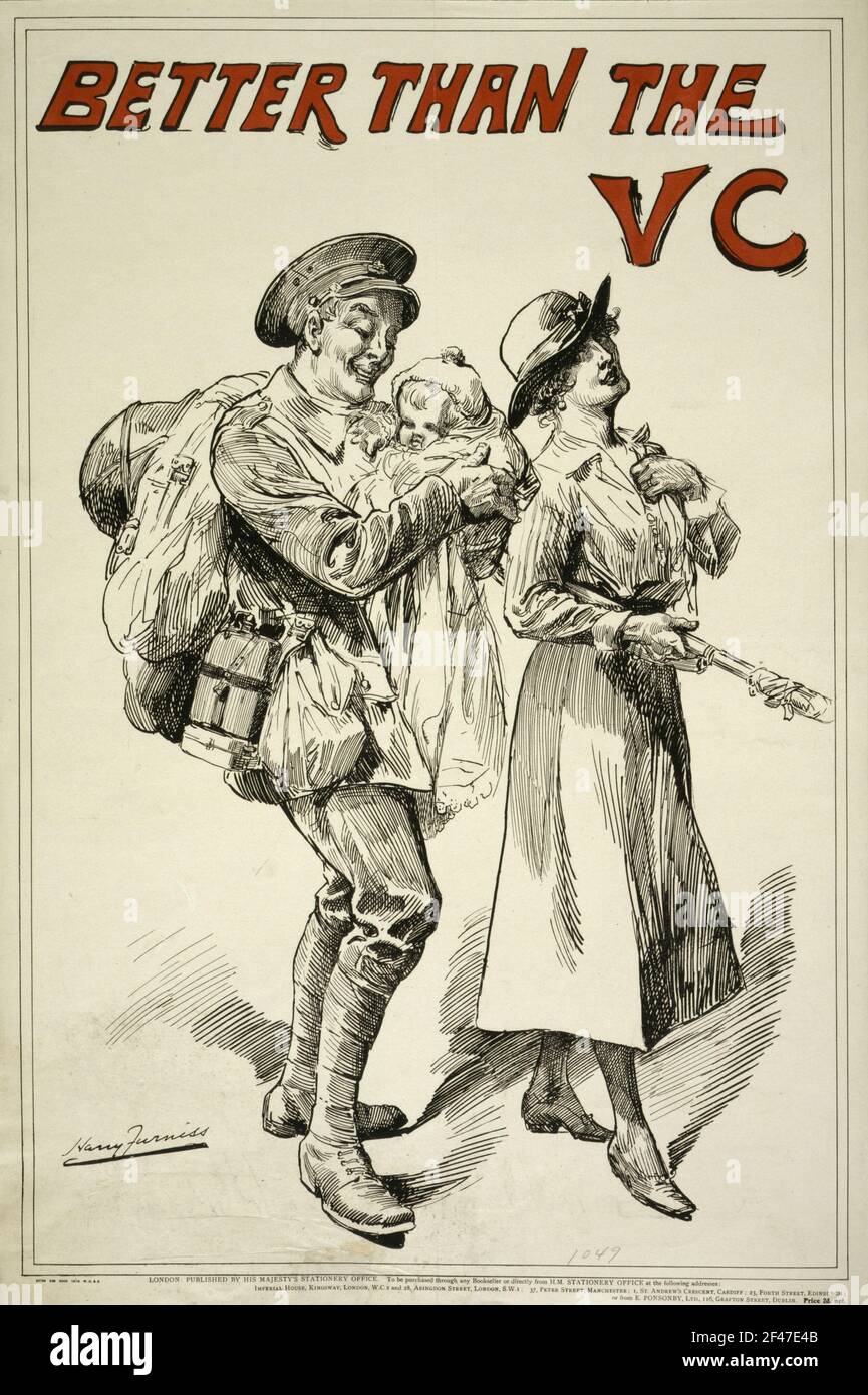 A first world war recruitment poster shwoing a soldier carrying a baby with the text Better Than The VC Stock Photo
