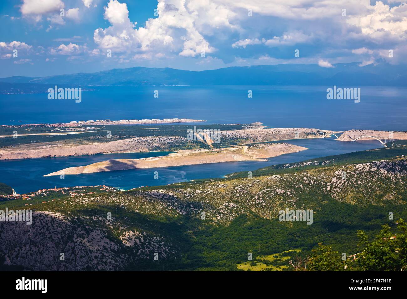 Kvarner bay and Krk island aerial panoramic view, Adriatic archipelago of Croatia Stock Photo