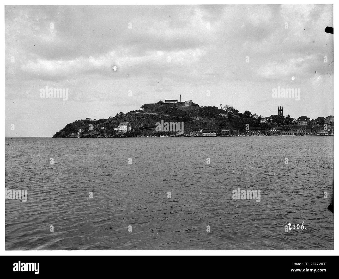 St. George, Grenada. View from a cruise ship of Hapag on bay and hill with fortress and church Stock Photo