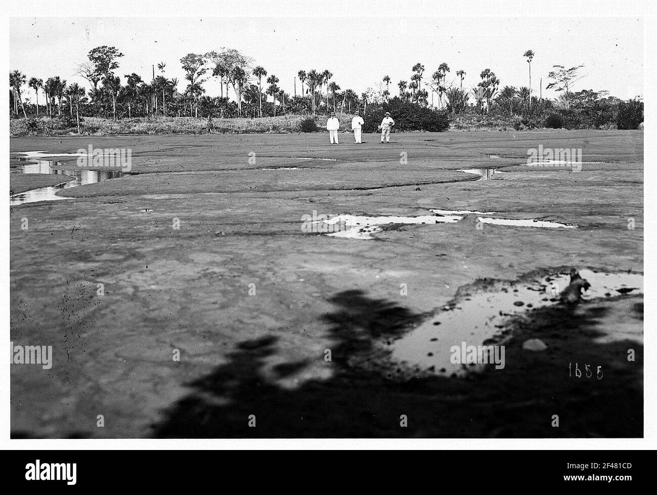 La Brea, Trinidad and Tobago. Asphalt sea in the hiberside of the harbor. Tourists posing on the edge of the asphalte at La Brea Stock Photo