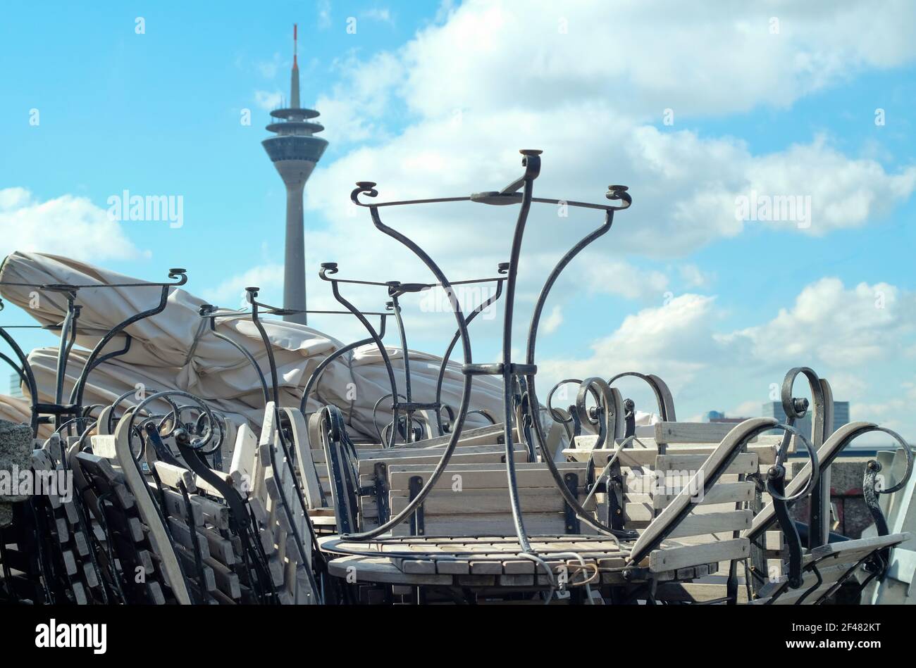 Gastronomy lockdown, closed restaurant, beer garden bar due to corona epidemic, chairs and tables stacked,symbol picture Stock Photo