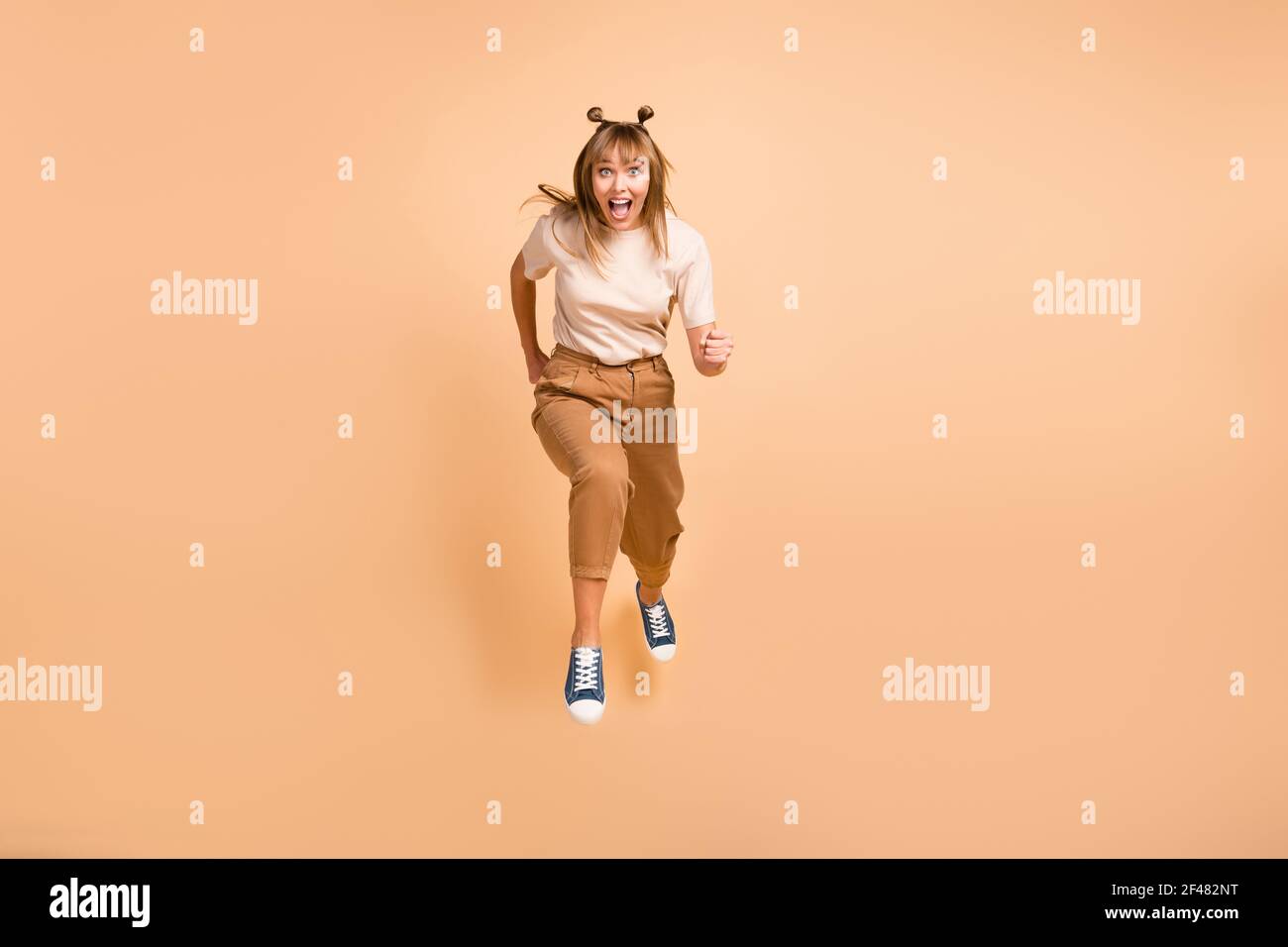 Full size photo of young crazy girl go walk run speed jump up sale ...
