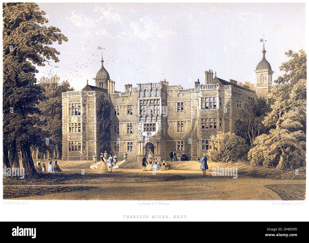 A lithotint of Charlton House, Kent (Greenwich) UK scanned at high resolution from a book printed in 1858. Believed copyright free. Stock Photo