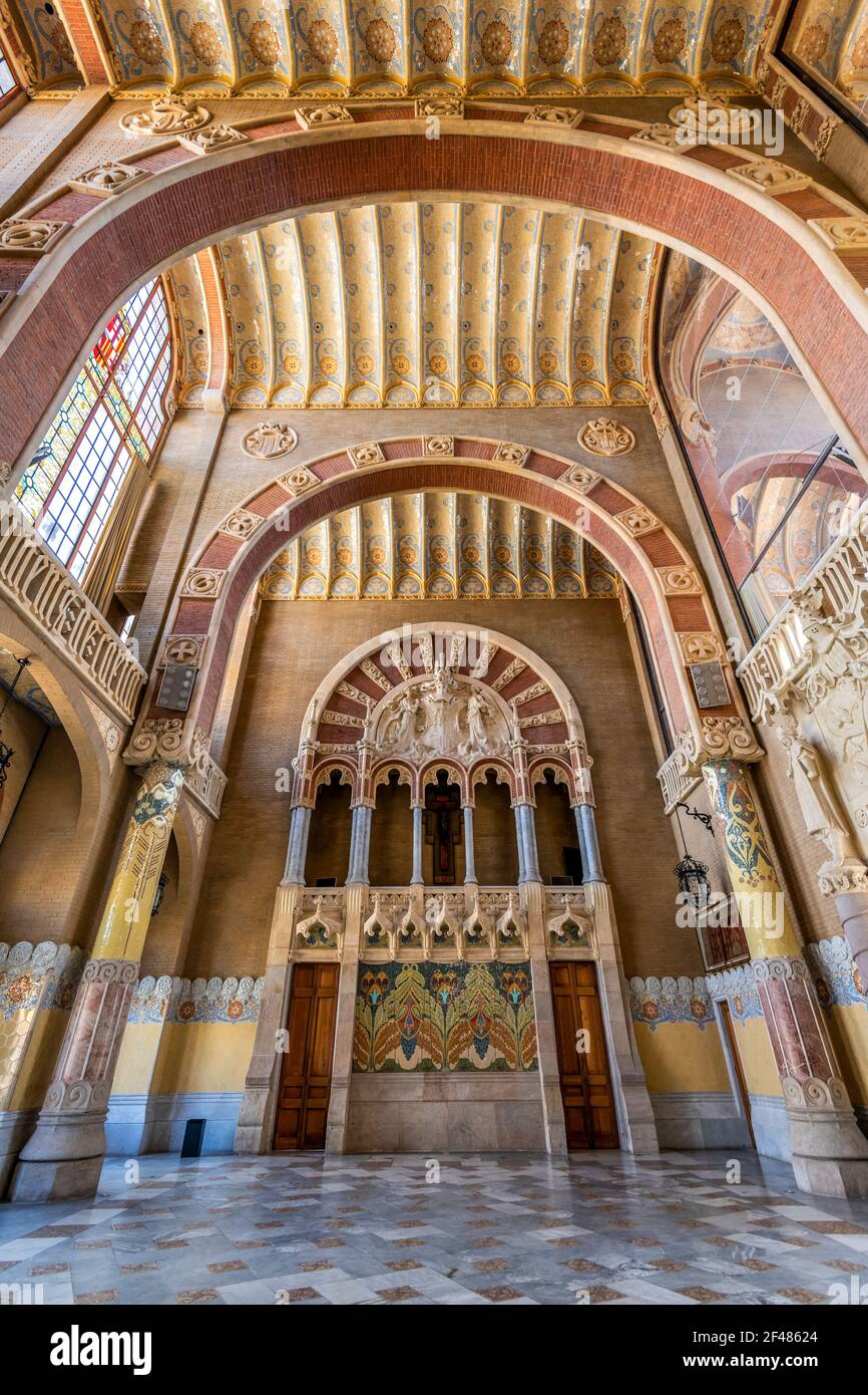 Interior of pavilion, Hospital de la Santa Creu i Sant Pau (Hospital of the Holy Cross and Saint Paul), Barcelona, Catalonia, Spain Stock Photo