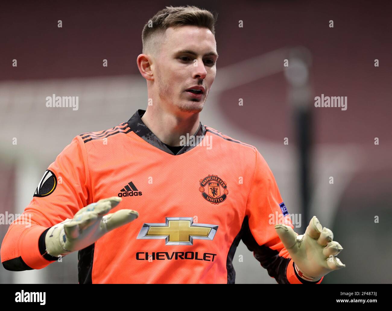 Manchester United goalkeeper Dean Henderson during the UEFA Europa League Round of Sixteen match at the San Siro Stadium in Milan Italy. Picture date Thursday March 18 2021 Stock Photo Alamy