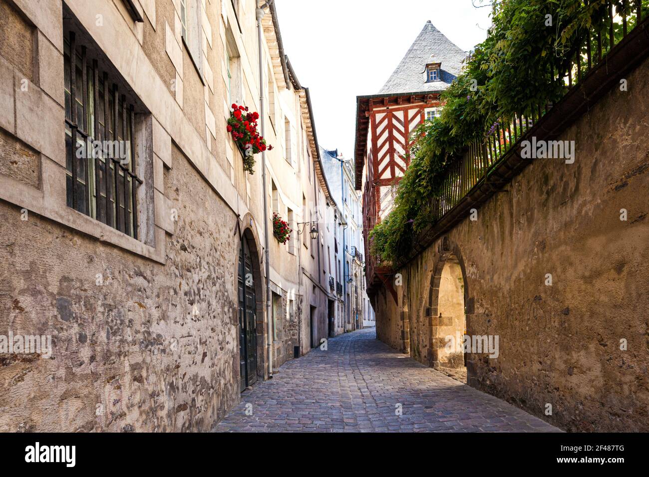 An old, cobbled street in Rennes, Brittany, France Stock Photo