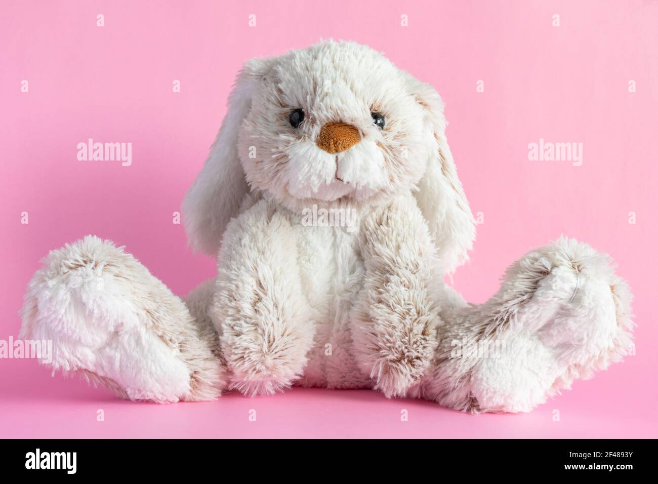 Stuffed bunny on pink background. Easter concept. Cute toy bunny sitting on colored background. Stock Photo