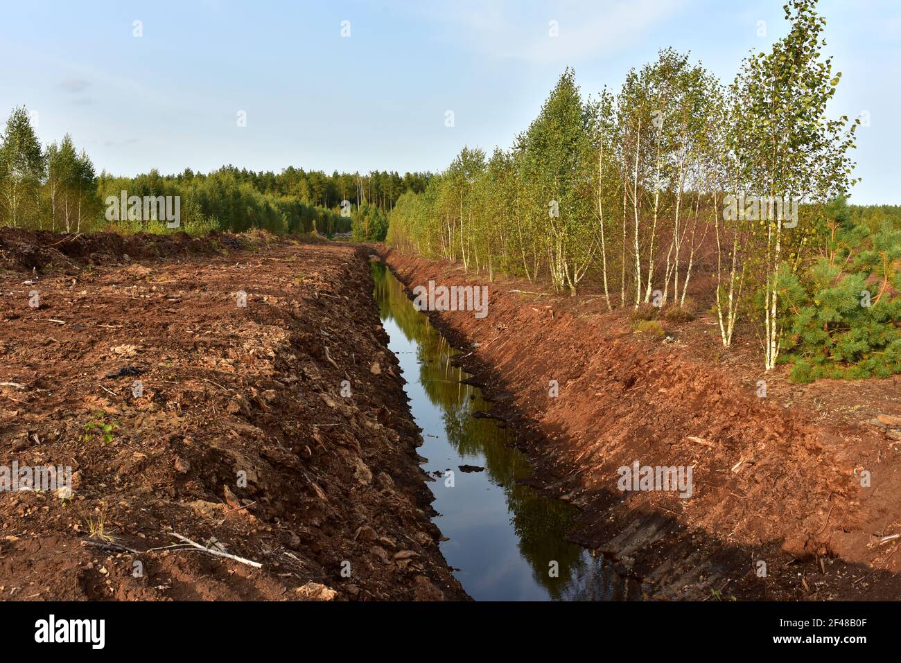 Drainage ditch in the peat extraction site. Drainage and destruction of peat  bogs. Drilling on bog for oil exploration. Mining and harvesting peatland  Stock Photo - Alamy