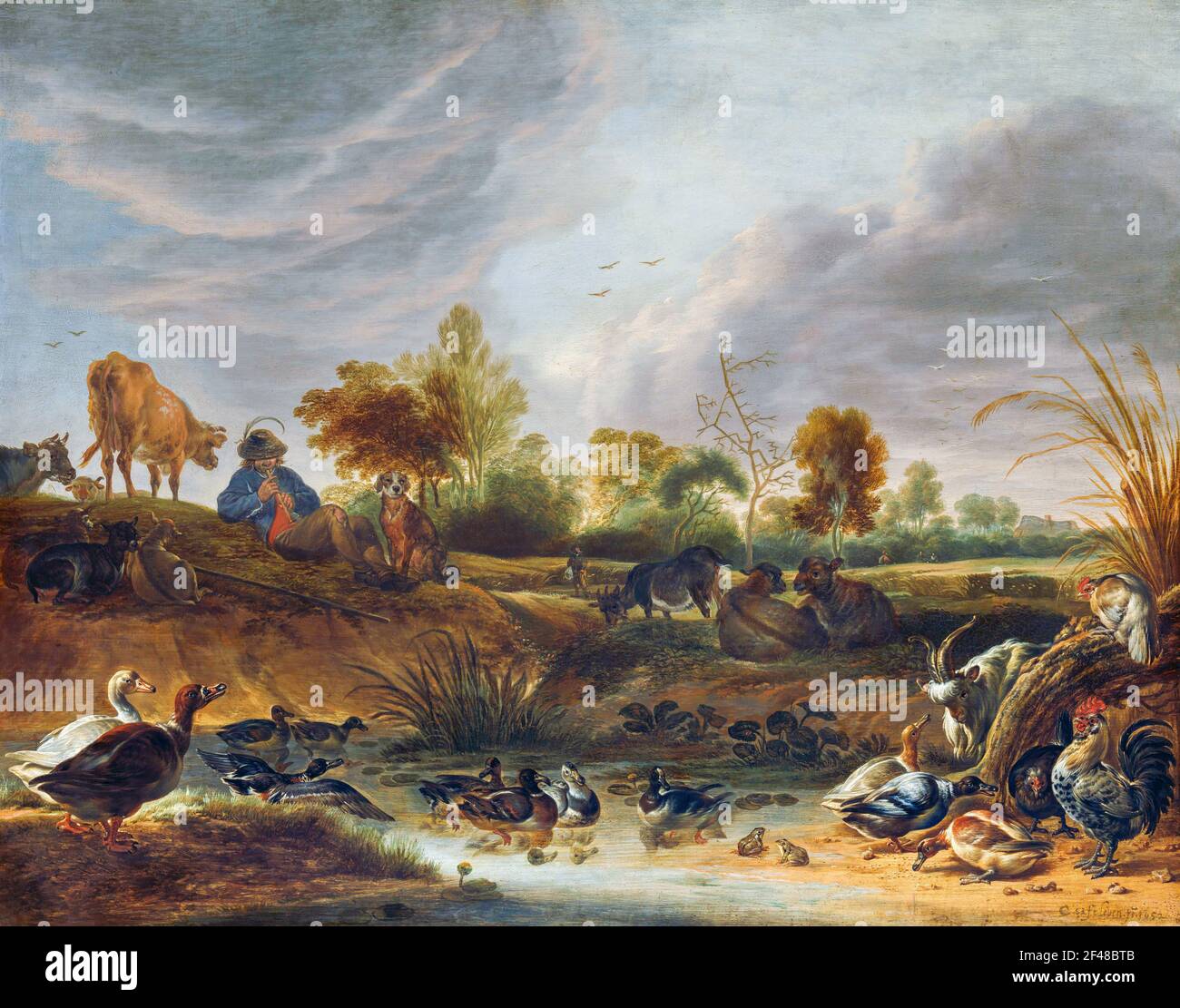 Landscape with animals. Around a pool in the foreground are several species of ducks, a rooster and a hen and two frogs. Behind it a shepherd playing Stock Photo