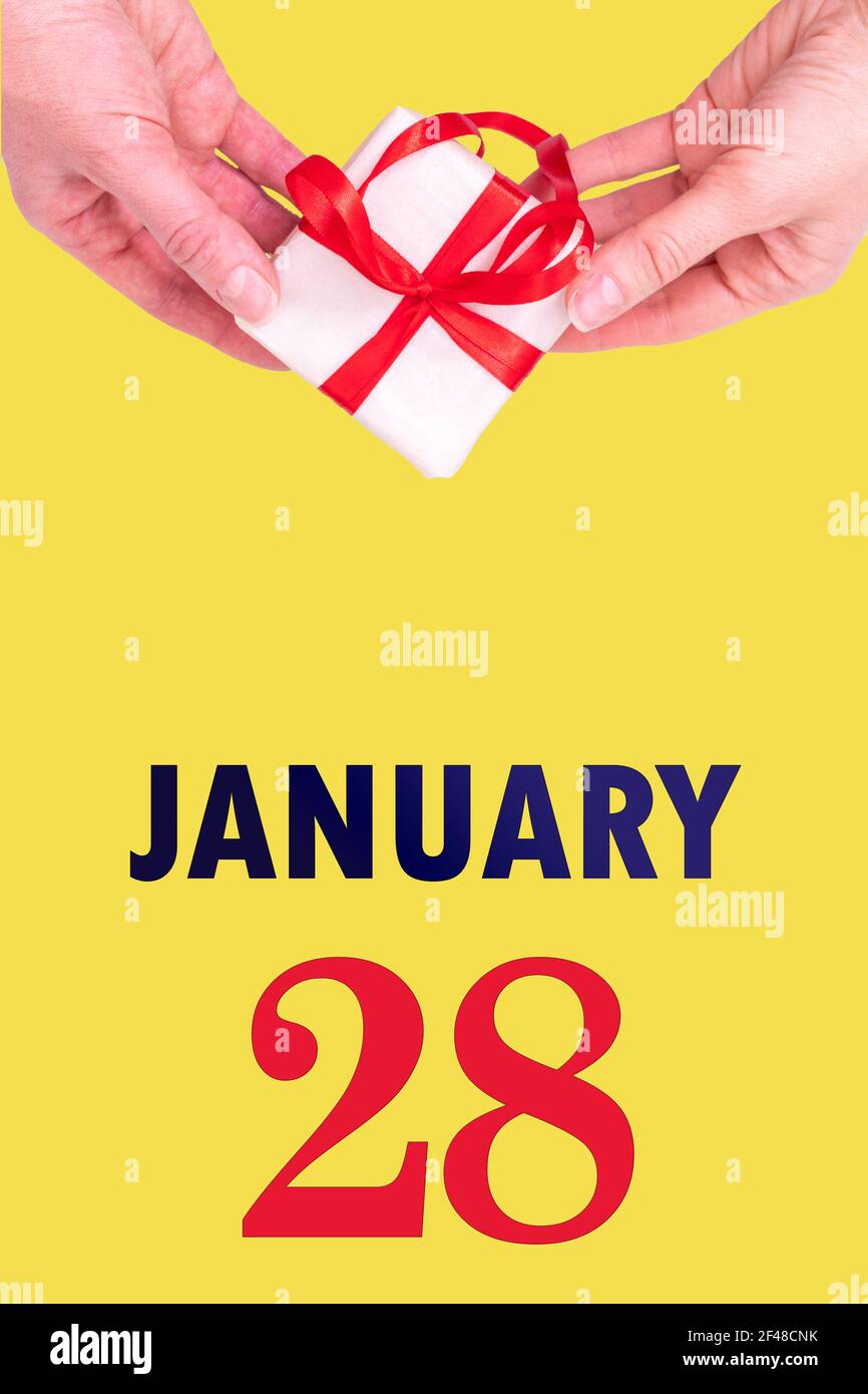 January 28th. Festive Vertical Calendar With Hands Holding White Gift