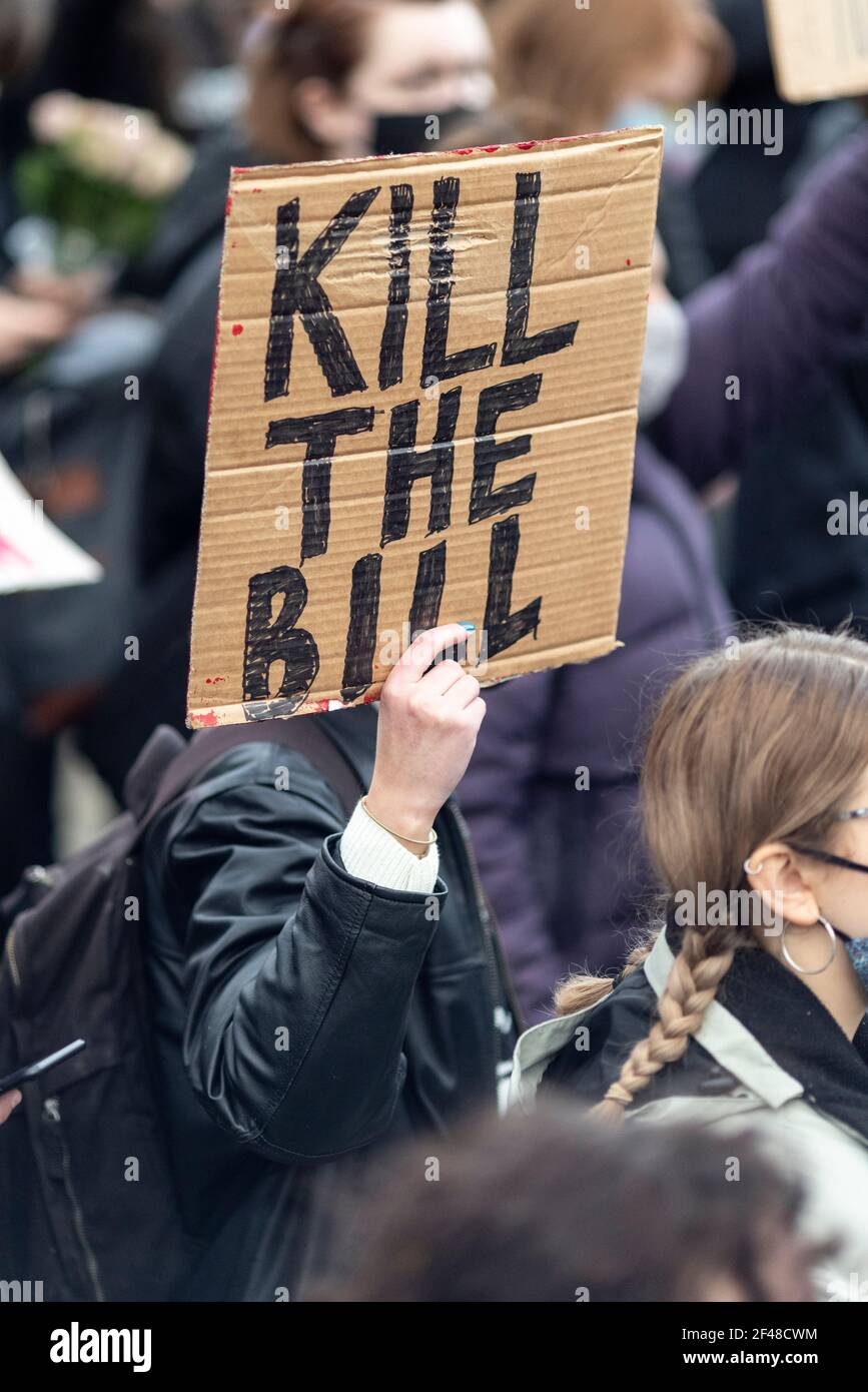 Parliament Square, London, 15 March 2021 - 'Kill the Bill' protest against new policing bill and oppression of women. Stock Photo