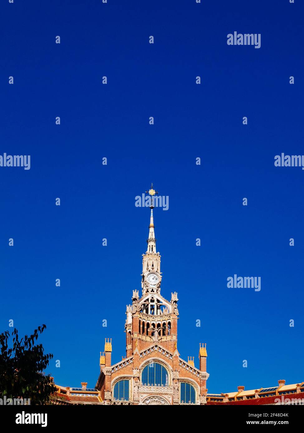 Main tower and spire of the art nouveau building created by Catalan architect, Lluis Domenech i