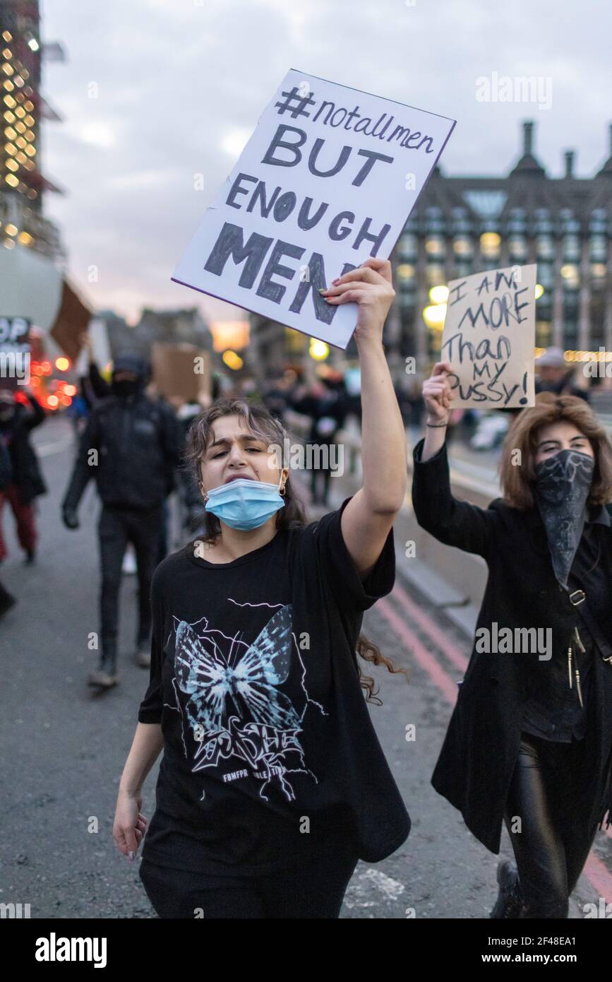Westminster Bridge, London, 15 March 2021 - 'Kill the Bill' protest against new policing bill and oppression of women. Stock Photo