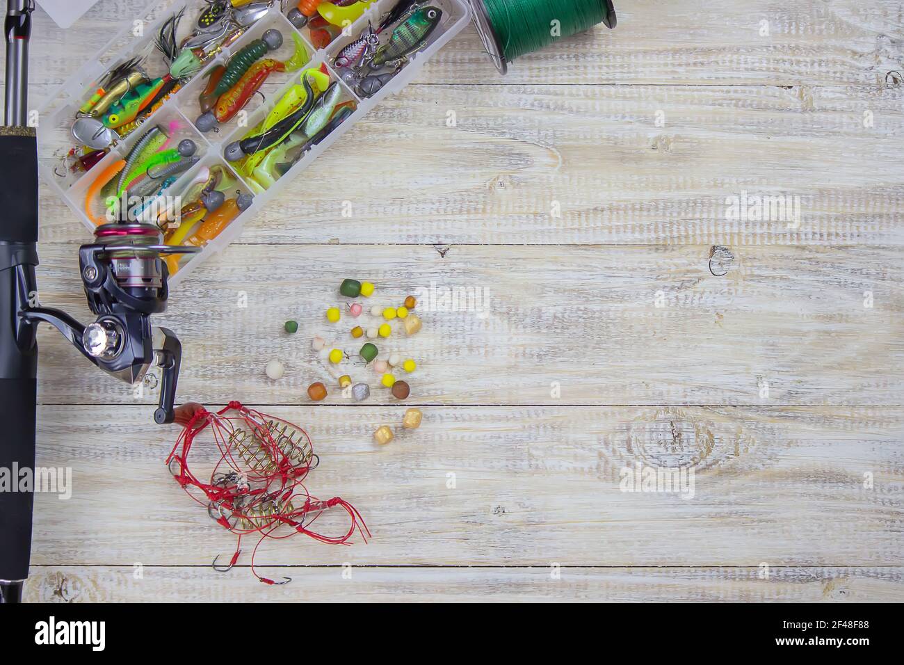 many different fishing floats in the box. fishing tackle and accessories  for catching Herabuna Stock Photo - Alamy