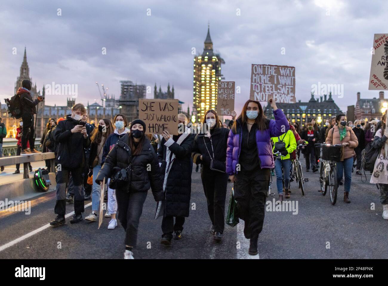 Westminster Bridge, London, 15 March 2021 - 'Kill the Bill' protest against new policing bill and oppression of women. Stock Photo