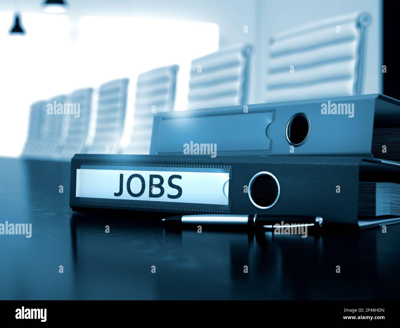 Jobs - Concept. Jobs. Illustration on Toned Background. Office Binder with Inscription Jobs on Wooden Black Desk. Jobs - Office Binder on Desktop. 3D Render. Stock Photo