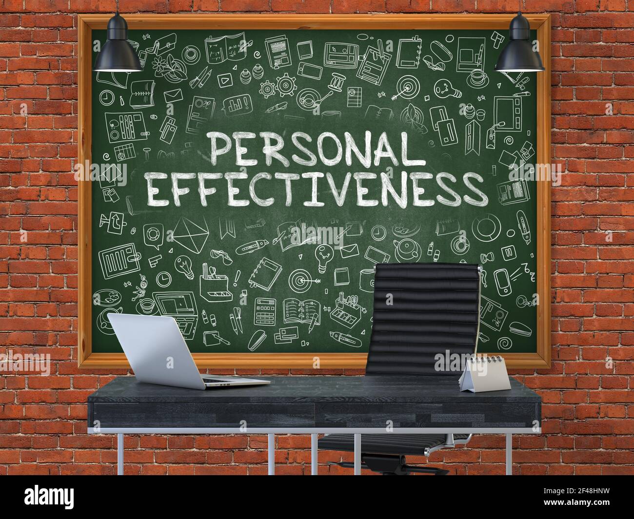 Personal Effectiveness - Hand Drawn on Green Chalkboard in Modern Office Workplace. Illustration with Doodle Design Elements. 3D. Stock Photo