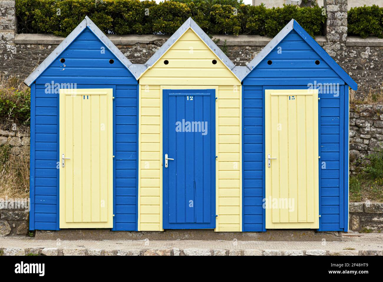Beach huts at Le Lerio, Ile aux Moines, Gulf of Morbihan, Brittany, France Stock Photo