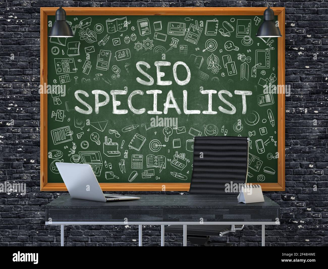SEO - Search Engine Optimization - Specialist Concept Handwritten on Green Chalkboard with Doodle Icons. Office Interior with Modern Workplace. Dark Brick Wall Background. 3D. Stock Photo