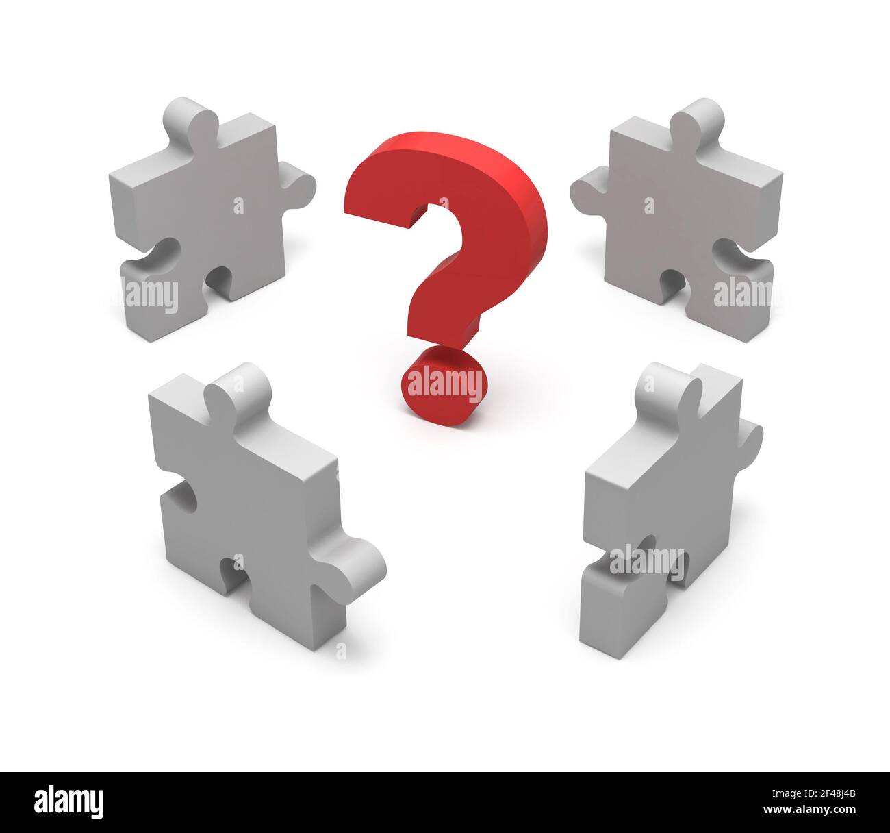 3D puzzle and question mark isolated on white background. Concept solution. Stock Photo