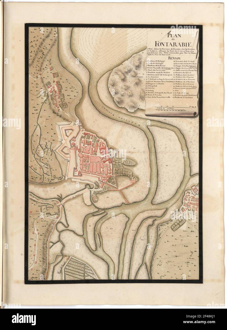 Plan de Fontarabie located in the province of Biscaye, on the Riviere de Bidasoa, attacks the night of 27. or 28. May 1719 by the army of the Roy Comandee by MSR: the Marechal The Duke of Barwick Stock Photo
