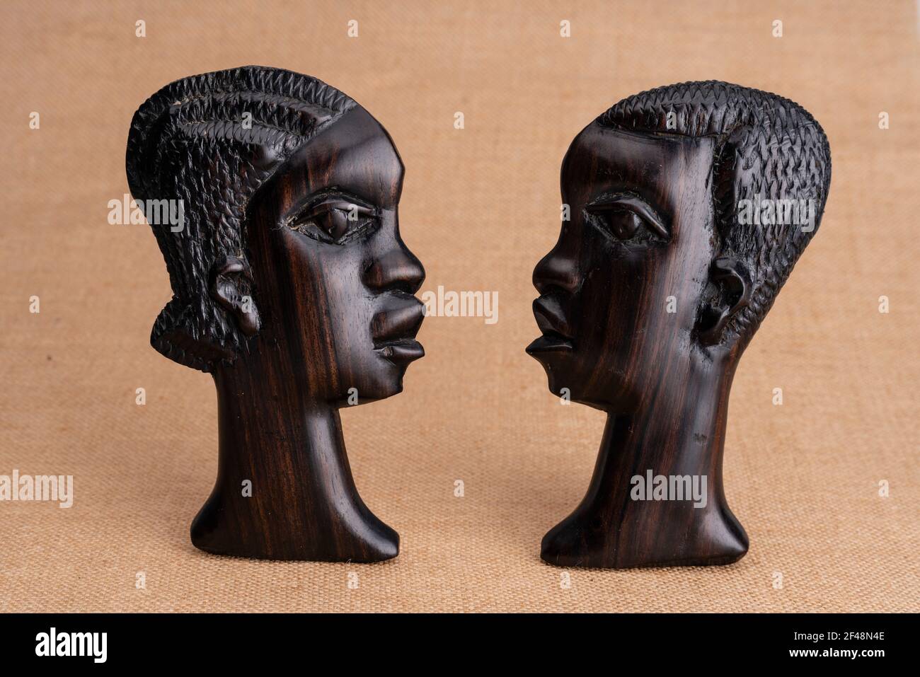 African traditional wood carving blackwood, Kenya. Two heads, couple