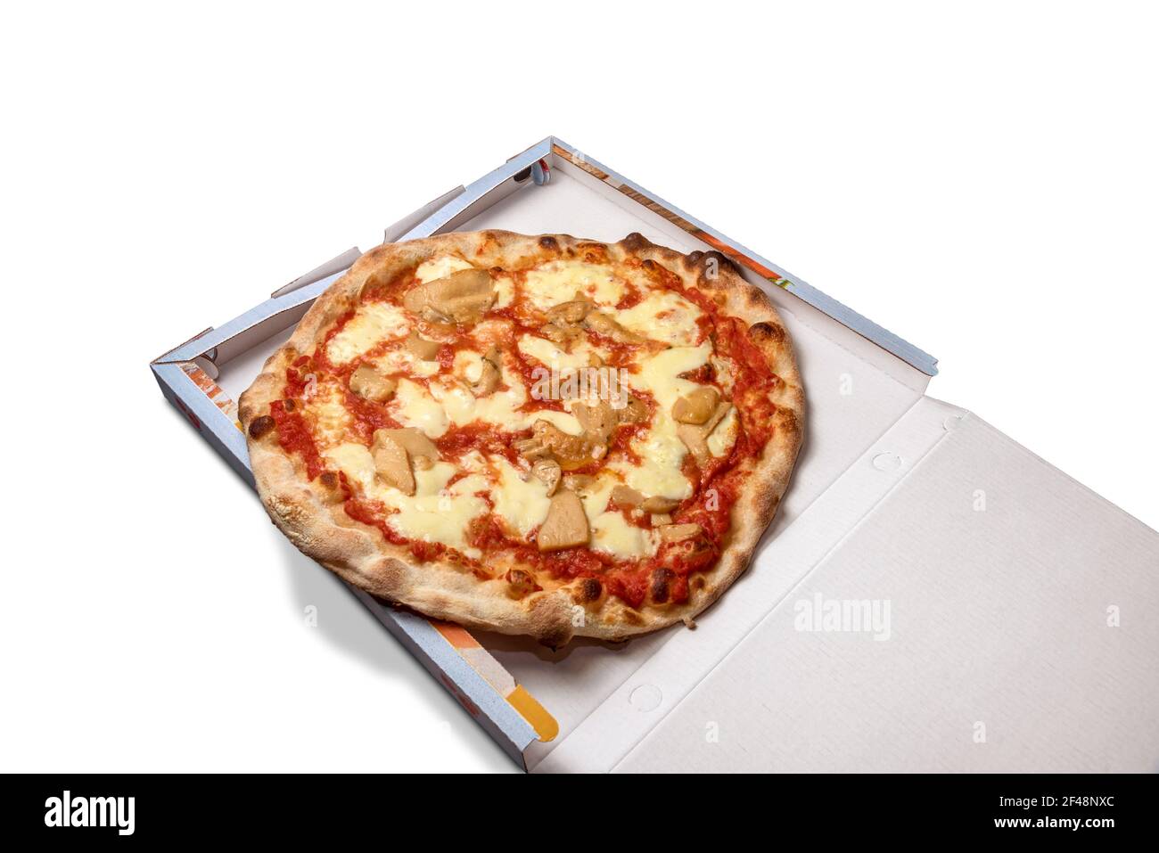 Food in take away or delivery box, pizza with tomato mozzarella sauce and porcini mushrooms. Isolated on white, copy space Stock Photo