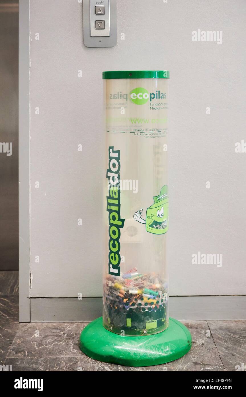 Used battery recycling container Stock Photo Alamy
