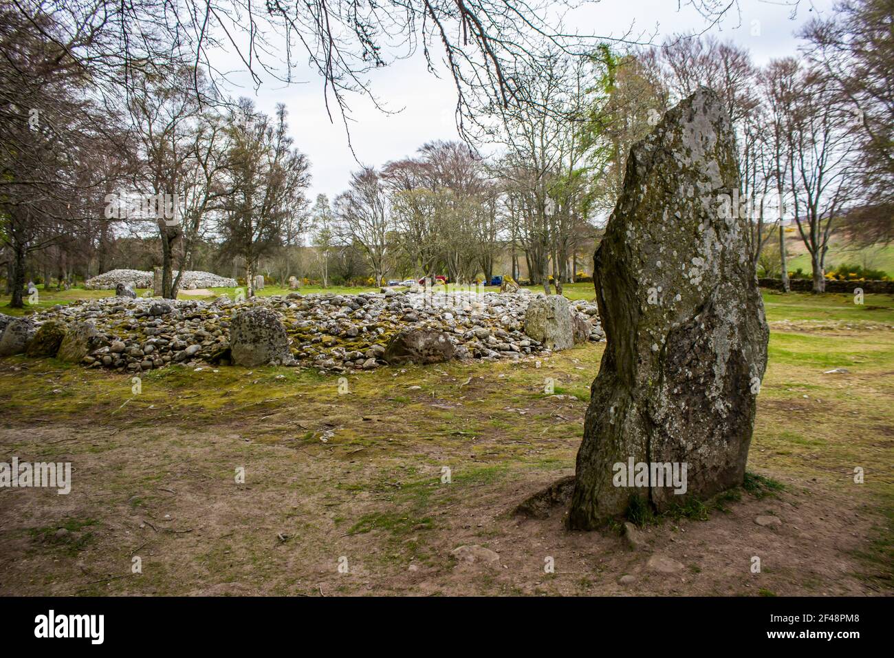 The Prehistoric Burial Cairns of Bulnuaran of Clava, Scotland, sheltered in a grove of Beech Trees, with a large standing stone in the foreground Stock Photo