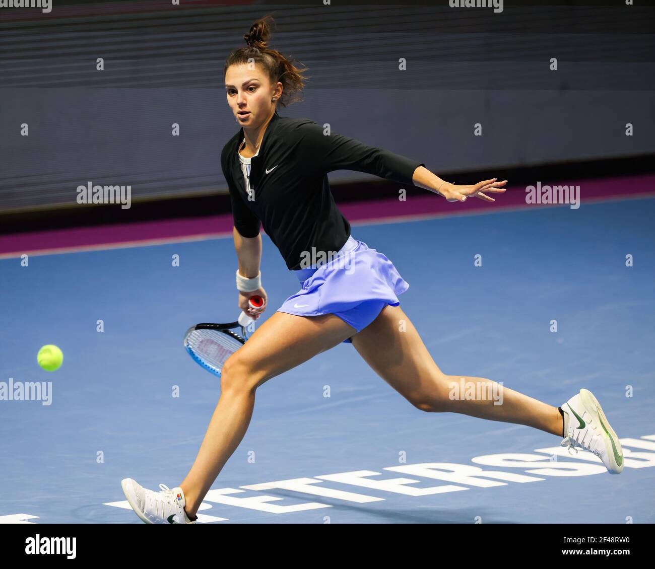 Jaqueline Cristian of Romania playing against Svetlana Kuznetsova of Russia during the St.Petersburg Ladies Trophy 2021 tennis tournament at Sibur Arena. Final score: (Svetlana Kuznetsova 0-2 Jaqueline Cristian) Stock Photo