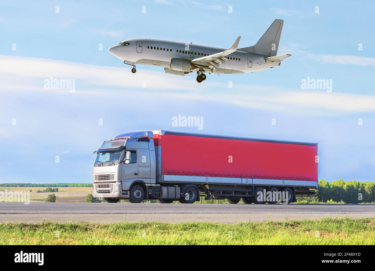 Transportation, importexport and supply concept, truck and airplane