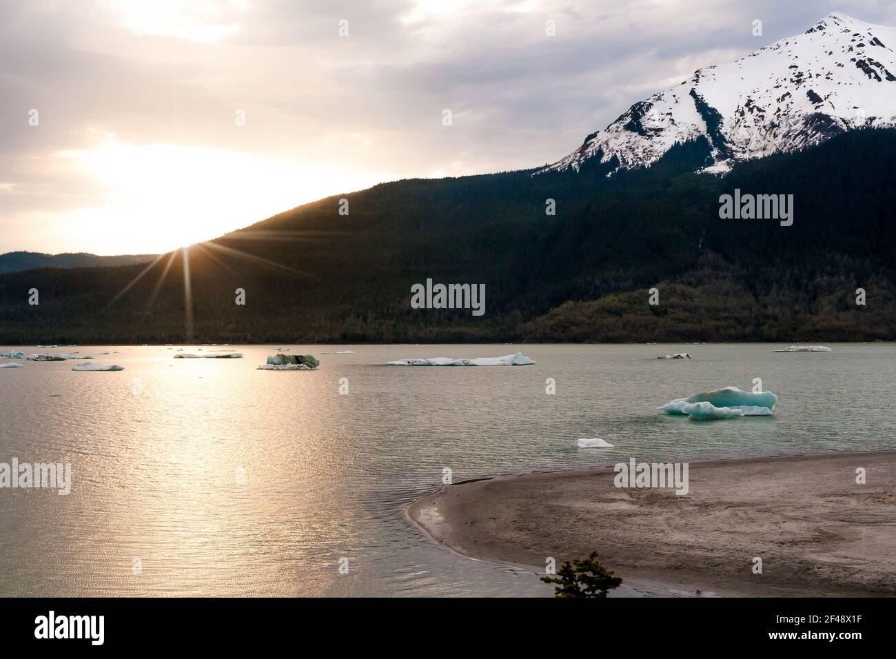 Small icebergs, also known as bergy bits and growlers, floating in Mendenhall lake at the base
