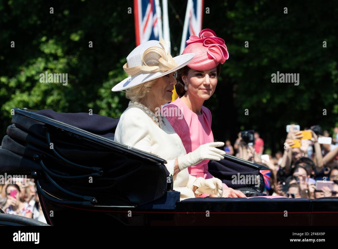 Catherine Duchess of Cambridge talking to Camilla Parker Bowles at Trooping of the Colour Stock Photo