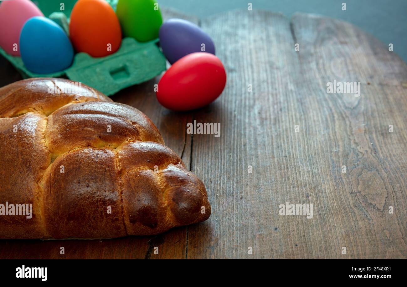 Easter greeting card template. Orthodox easter sweet bread and colorful