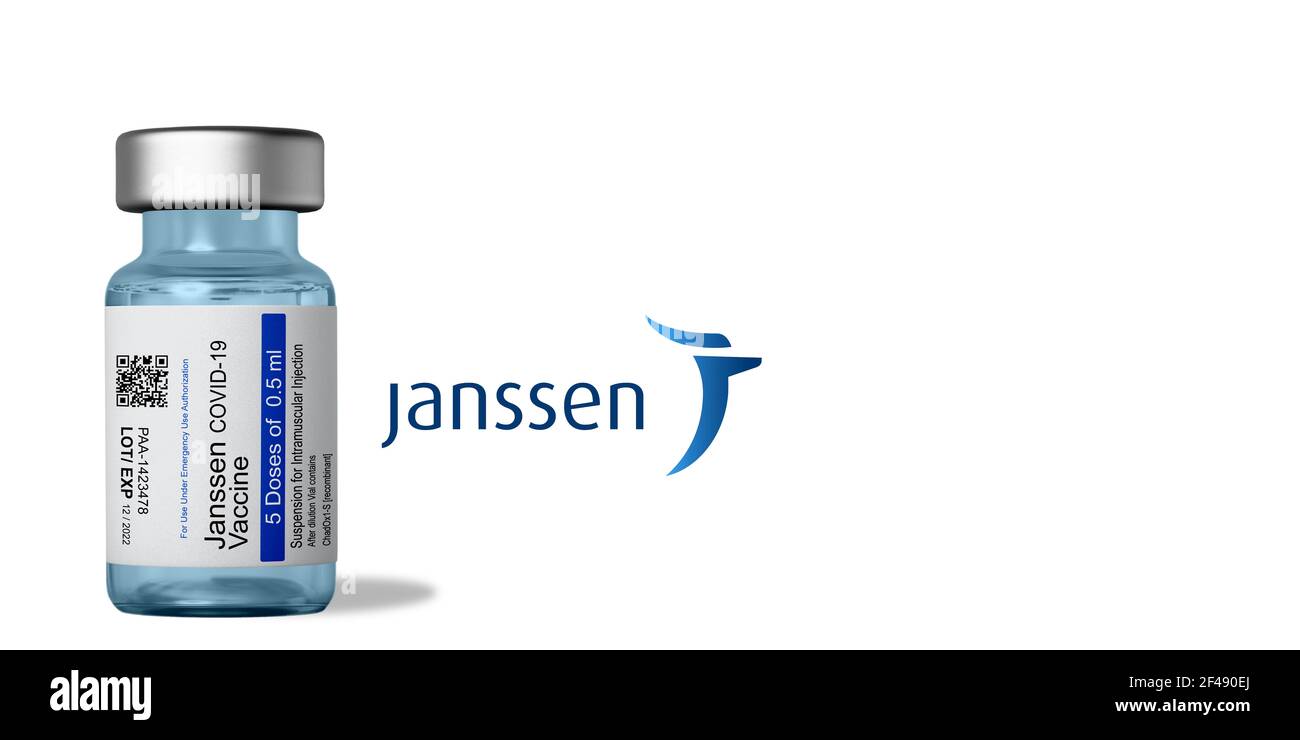 Marseille, France - Mars 16, 2021: Janssen, Johnson & Johnson COVID-19 Vaccine on Vial - Banner design with copy space Stock Photo