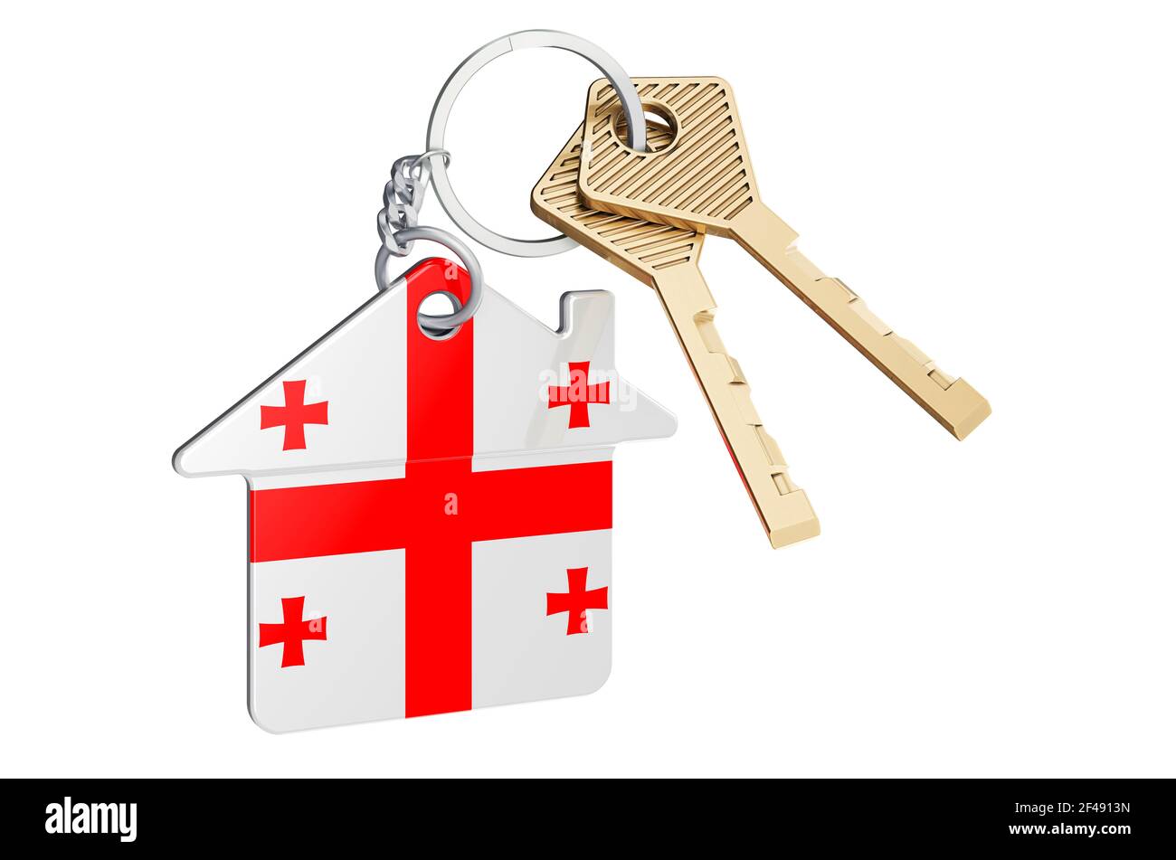 Real estate in Georgia. Home keychain with Georgian flag. Property, rent or mortgage concept. 3D rendering isolated on white background Stock Photo