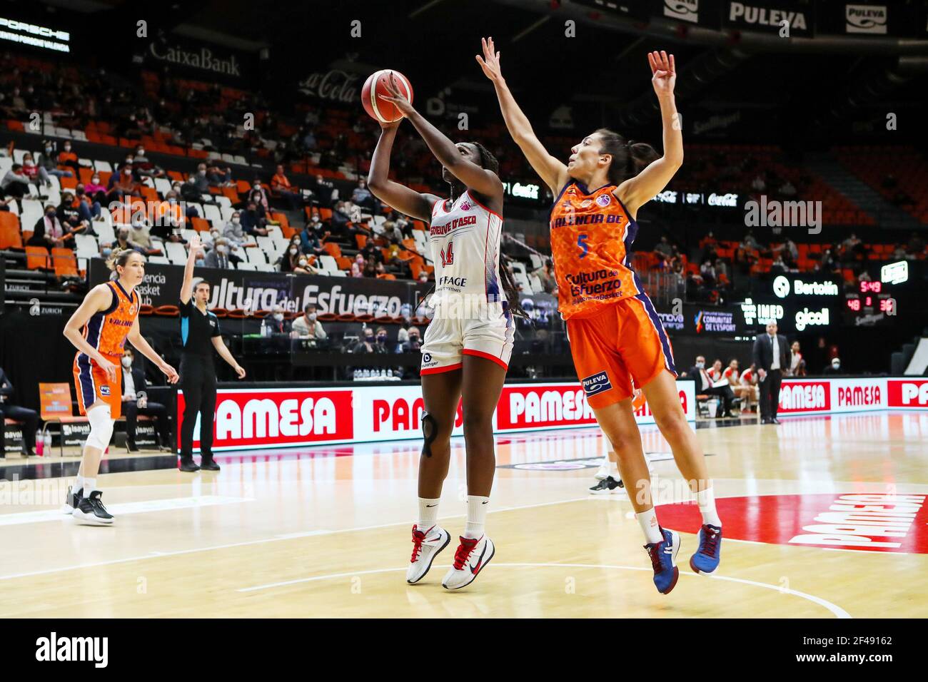 Mousdandy Djaldi-Tabdi of ESBVA-LM and Cristina Ouvina of Valencia during  the Women's EuroCup, quarter-final basketball match between Valencia Basket  and ESBVA-LM on March 18, 2021 at Fuente de San Luis pavilion in