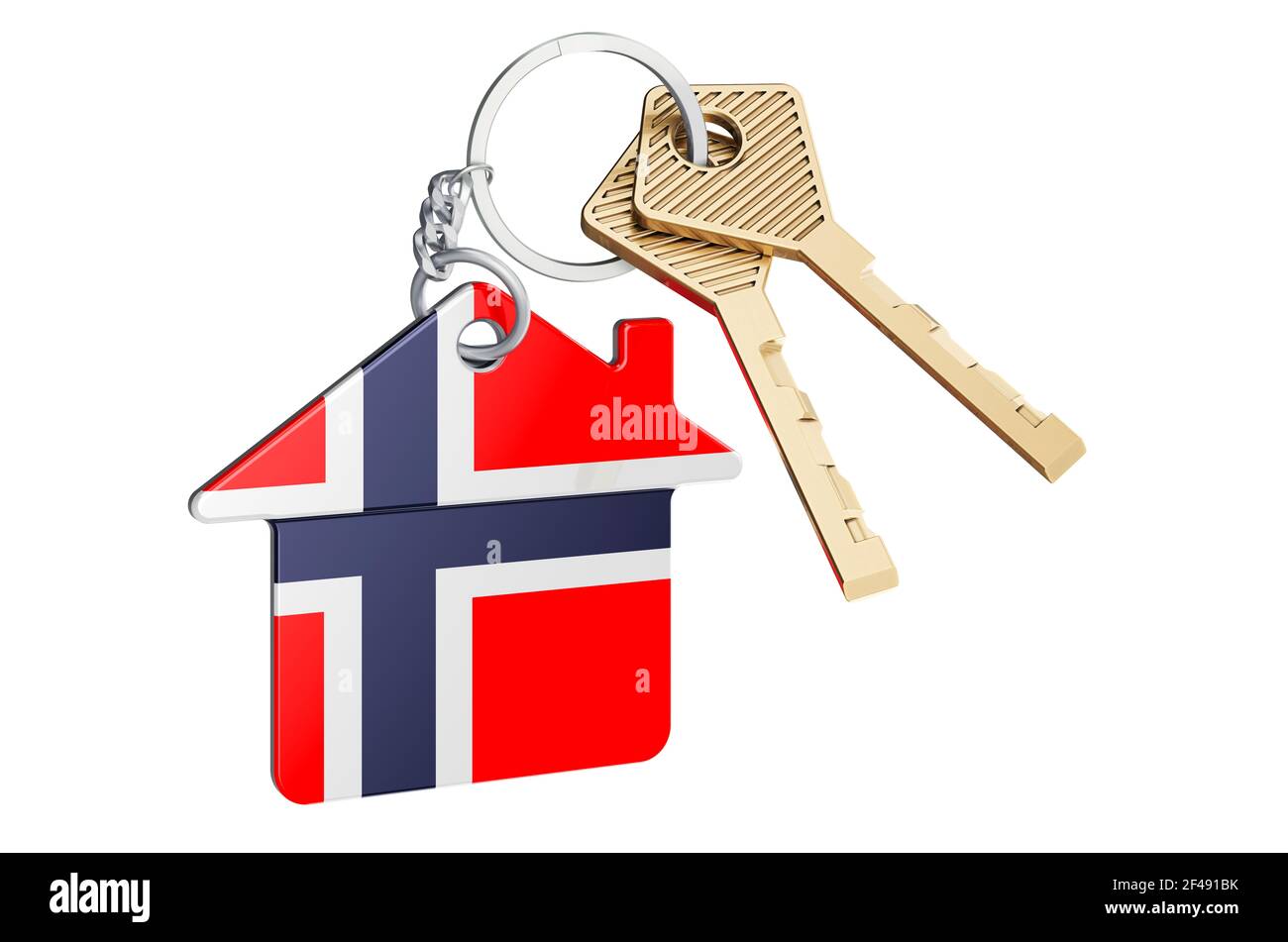 Real estate in Norway. Home keychain with Norwegian flag. Property, rent or mortgage concept. 3D rendering isolated on white background Stock Photo