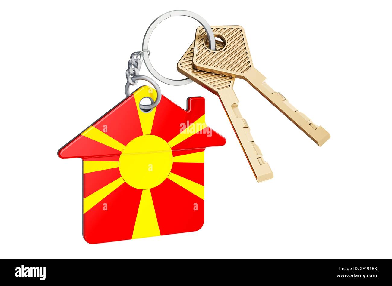 Real estate in Macedonia. Home keychain with Macedonian flag. Property, rent or mortgage concept. 3D rendering isolated on white background Stock Photo