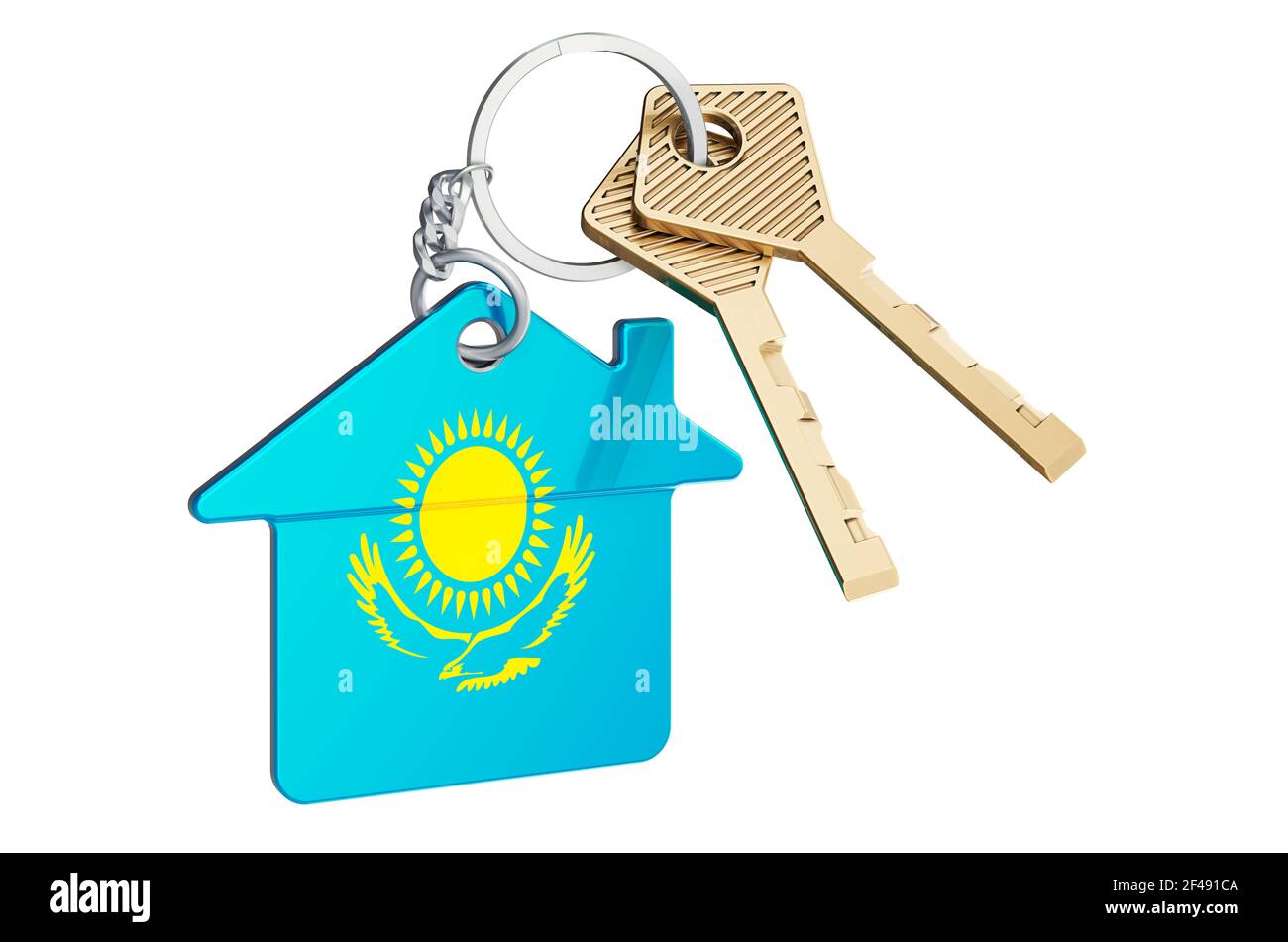 Real estate in Kazakhstan. Home keychain with Kazakh flag. Property