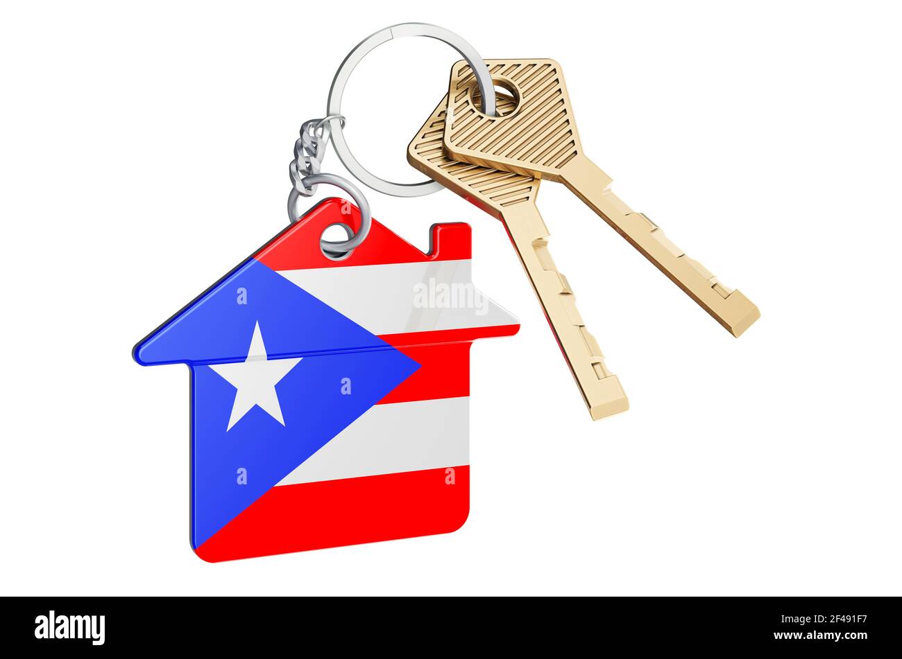 Real estate in Puerto Rico. Home keychain with Puerto Rican flag. Property, rent or mortgage