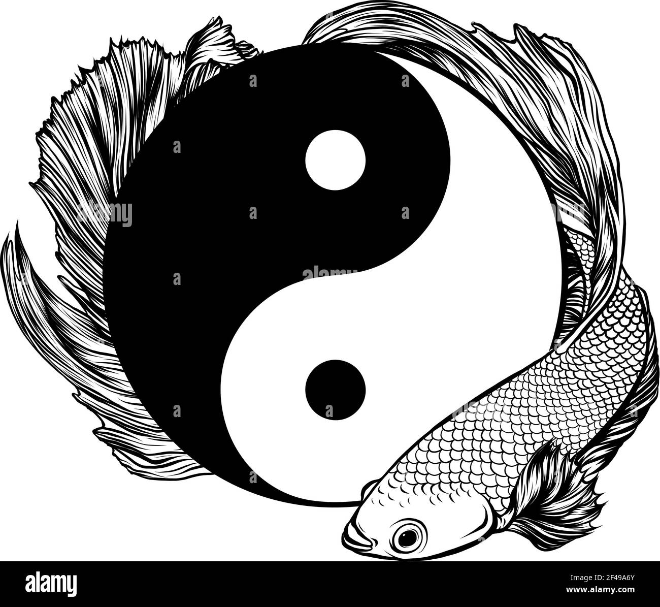 draw in black and white of Yin Yang betta splendens fish vector illustration art Stock Vector