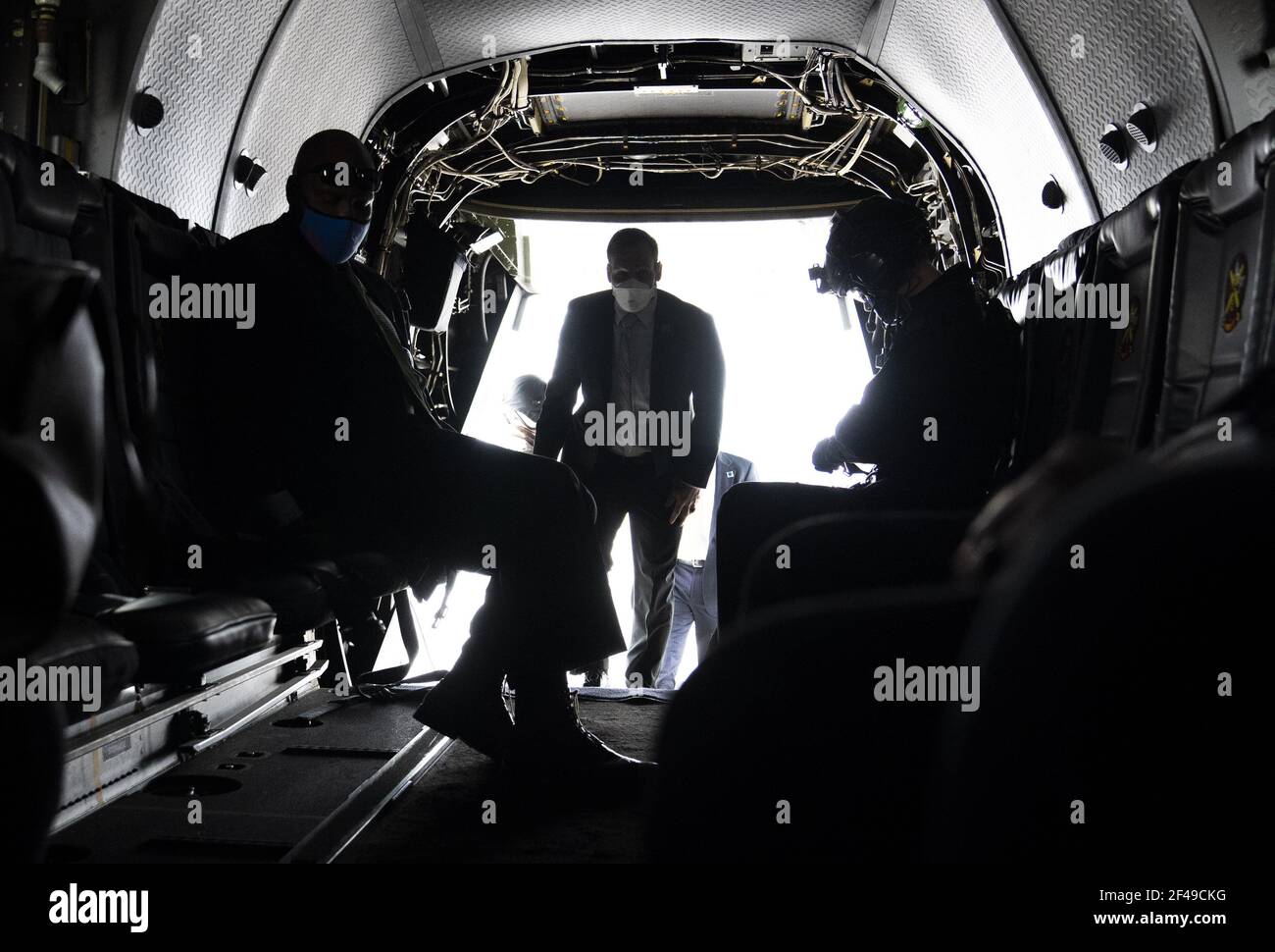 Marietta, United States. 19th Mar, 2021. Secret Service Agents board a Marine Osprey Aircraft as President Joe Biden and Vice President Kamala Harris arrive at Dobbins Air Force Base, in Marietta, Georgia on Friday, March 19, 2021. President Biden and Vice President Harris are visiting the Center for Disease Control (CDC) and plan to meet with Asian American community leaders in the wake of the Atlanta shooting where eight people died after a gunman opened fire on a series of spas. Photo by Kevin Dietsch/UPI Credit: UPI/Alamy Live News Stock Photo