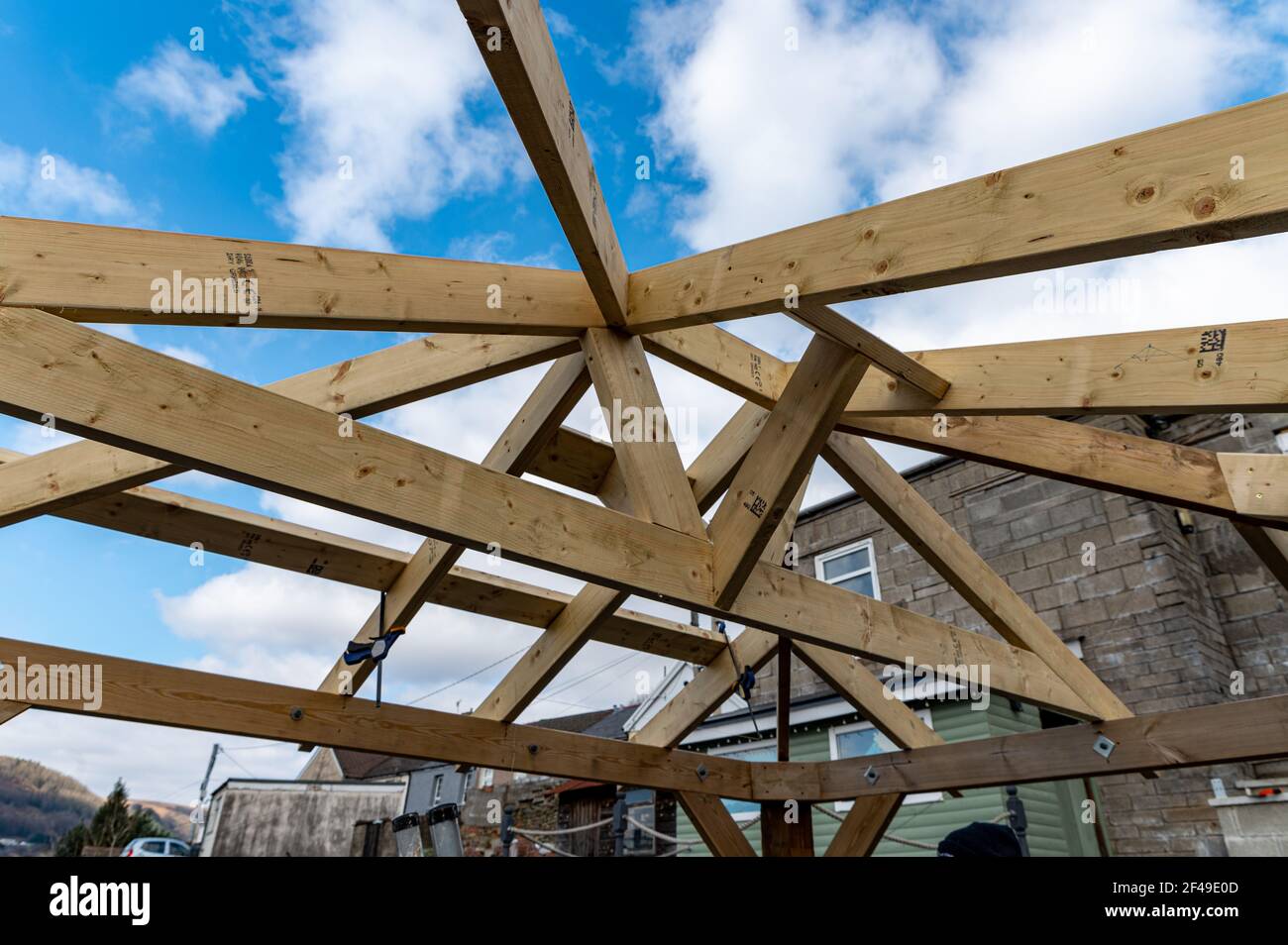 Close up of gazebo roof construction in 