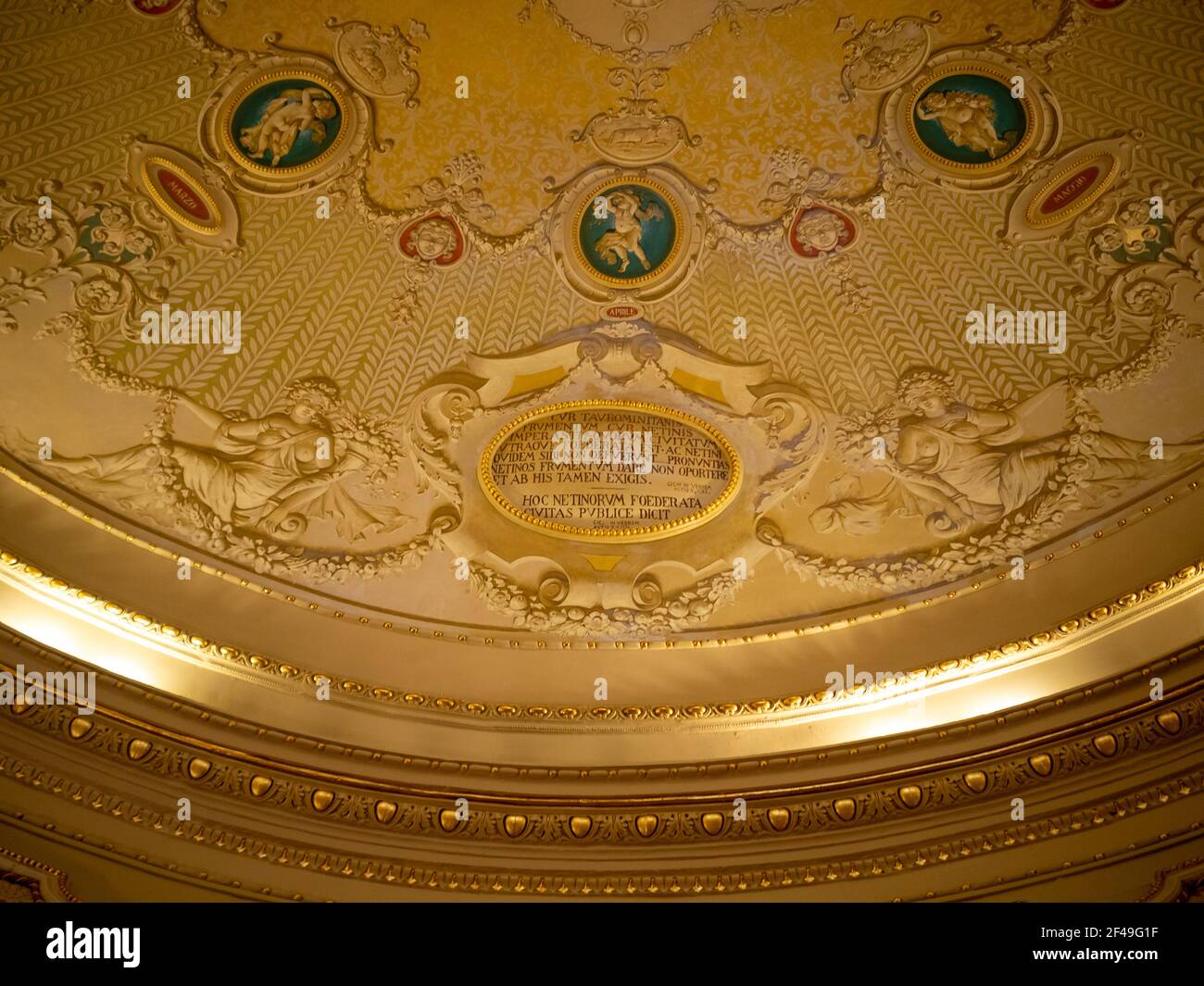 Golden ceiling and fresco of the Mirror Room of the Palazzo Ducezio, Noto Stock Photo