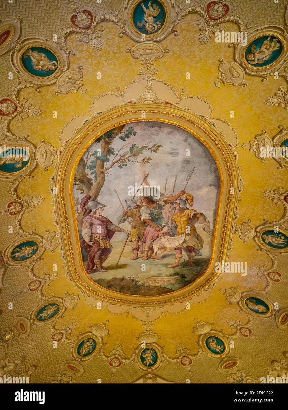 Golden ceiling and fresco of the Mirror Room of the Palazzo Ducezio, Noto Stock Photo